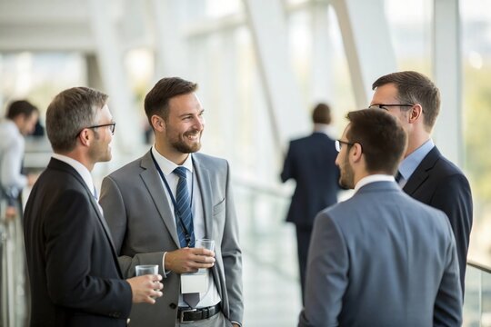 Four men in suits converse near a modern glass atrium