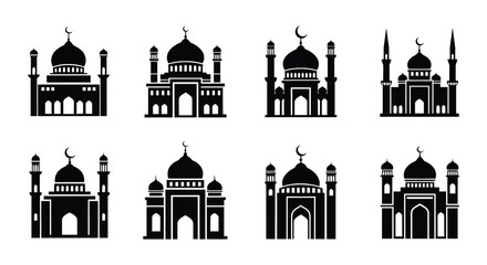 Collection of black silhouette islamic mosque and crescent moon icons © Begum