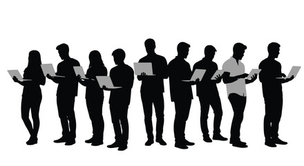 Obraz premium Silhouettes of diverse people using laptops, symbolizing technology and modern connectivity