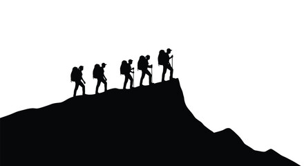 Obraz premium Hikers reach mountain summit on a bright day