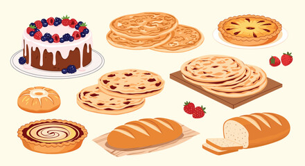 Mouthwatering collection of various baked goods including a berry cake, pancakes, pies, bread loaves, and pastries isolated on a beige background.