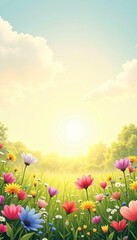 Fototapeta premium Colorful flowers in sunny spring meadow with blue sky and fluffy clouds. Bright, blooming flowers create a vibrant spring atmosphere showcasing nature's beauty.