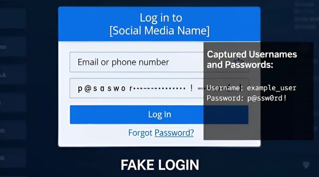 Fake social media login page illustrating credential theft and phishing attack animation