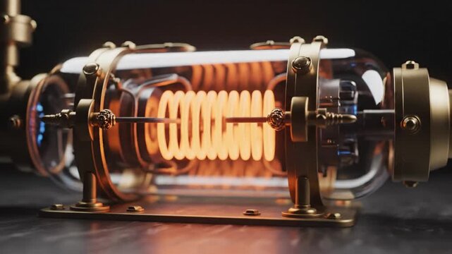 A glowing Tesla coil device sits on a dark surface with copper components.