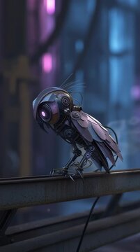 Un b&uacute;ho rob&oacute;tico posado sobre una estructura met&aacute;lica en un entorno urbano futurista.