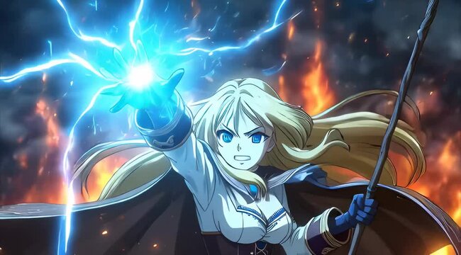 Una poderosa hechicera lanza un rayo de energ&iacute;a en medio de una tormenta de fuego.