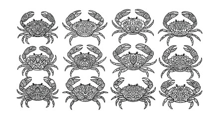 Intricate designs of eight crabs arranged in a grid pattern © Begum