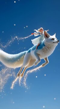 Una joven cabalgando un zorro &aacute;rtico a trav&eacute;s de un cielo estrellado y nevado.