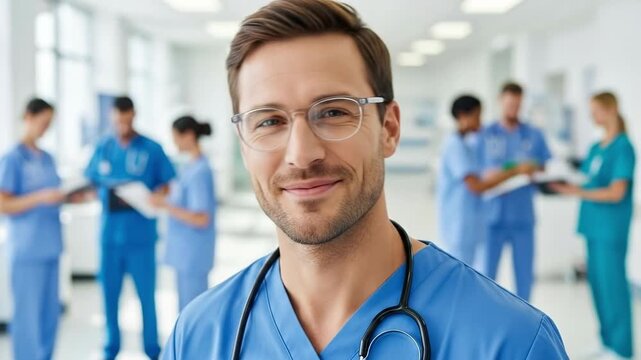 Smiling male nurse practitioner in blue scrubs with stethoscope in a modern hospital clinic
