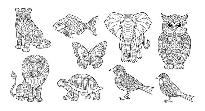 Detailed drawings of various animals with intricate zentangle patterns