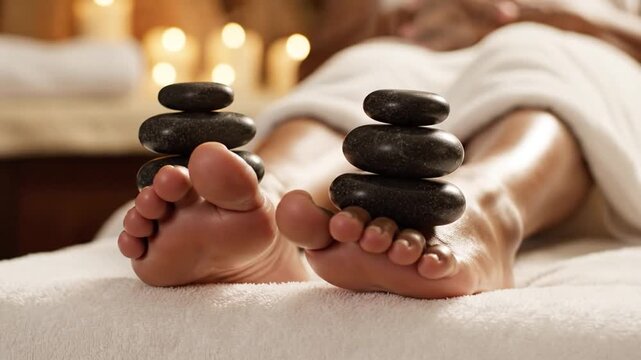 Close-up of hot stone therapy on feet with candles, wellness and relaxation video