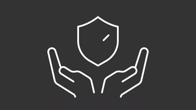 Animated personal safety white line icon. Hands with verified shield animation. Quality control service. Security regulation process. Isolated element on dark background. Alpha transparent video