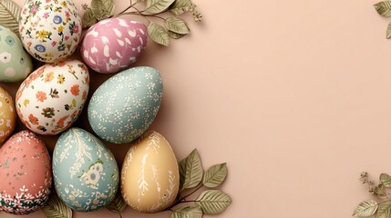 Colorful Easter eggs on soft pink beige background, spring holiday template with copy space