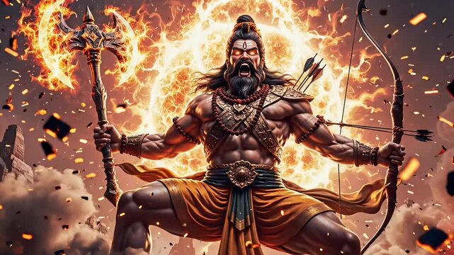 Parshuram jayanti hindu warrior sage with axe and bow divine fire power mythology india religious celebration spiritual animated motion video footage