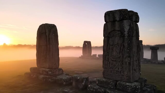 Ethereal dawn light illuminates a silent, mist-kissed landscape, revealing ancient, weathered monuments peaceful scene, sunrise, ethereal dawn light