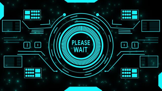 Futuristic HUD Interface with PLEASE WAIT Text and Digital Data Visualization