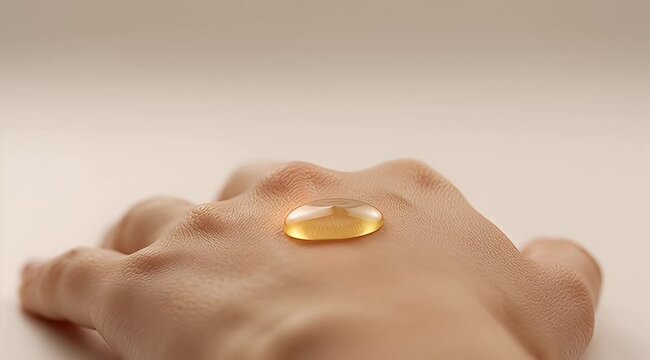 Golden serum drop on hand demonstrating skincare and beauty treatment efficacy
