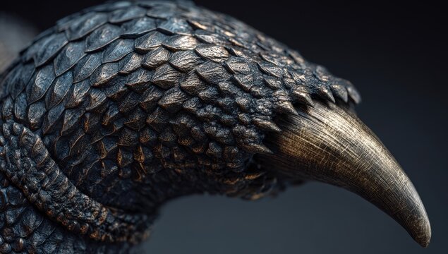 Detailed close-up of a textured raven's beak showcasing intricate scales and a sharp tip against a dark background, highlighting the craftsmanship of the sculpture