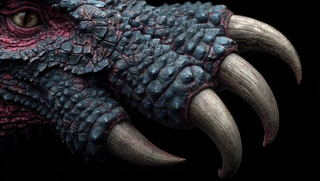 Detailed close-up of a dragon claw showcasing textured scales and sharp claws against a dark background, emphasizing intricate design and color variations