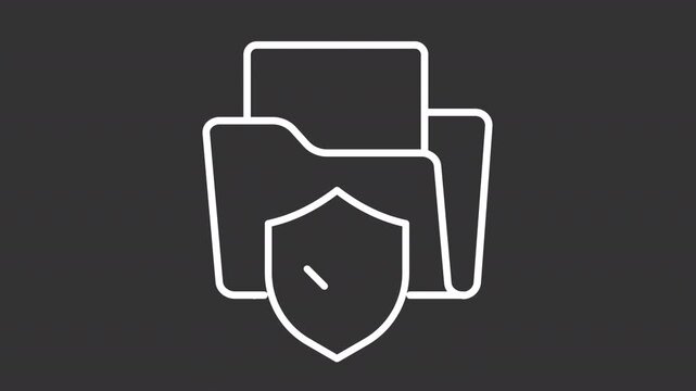Animated file protection white line icon. Folders with shield animation. Data security. Access control. Information encryption. Isolated element on dark background. Alpha transparent video