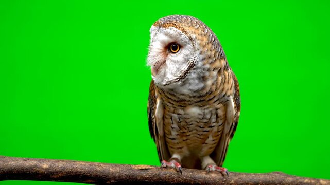 A majestic owl with glowing eyes hooting and looking around, isolated on green screen nocturnal, woods, watcher