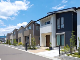 Fototapeta premium 青空の下に新築の一戸建てが整然と並ぶ清潔感のあるモダンな日本の住宅街の外観風景