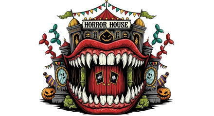 Scary Horror House Entrance with Giant Monster Mouth and Teeth © hana