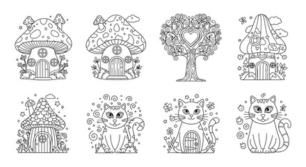 Naklejka premium Whimsical fairytale illustrations featuring mushrooms houses trees and adorable cats