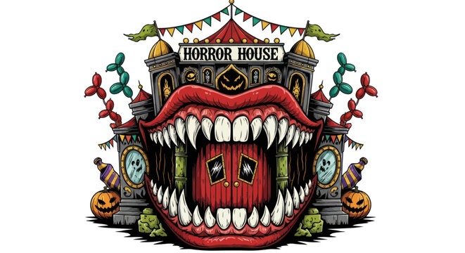 Scary Horror House Entrance with Giant Monster Mouth and Teeth