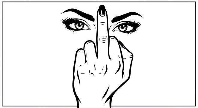 Woman's eye and hand showing middle finger, offensive gesture, black and white drawing