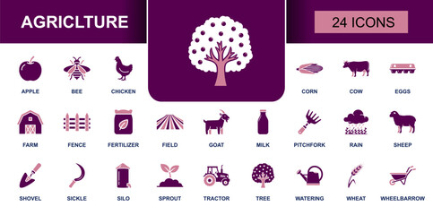 Agriculture icon set. Containing farm, tractor, field, crops, wheat, corn, apple, livestock, cow, sheep, goat, tools, fertilizer, rain and more. Solid fill vector icons collection. © Mellisa