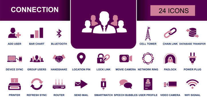 Connection icon set. Containing add user, group, handshake, chain link, wifi signal, bluetooth, router, cell tower, device sync, data transfer, lock link and more. Solid fill vector icons collection.
