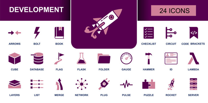 Development icon set. Containing code, checklist, database, server, folder, book, flask, network, merge, lambda, plug, gauge, hammer, id, rocket and more. Solid fill vector icons collection.