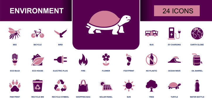 Environment icon set. Containing eco, recycle, no plastic, solar panel, ocean wave, water bottle, tree, flower, wildlife, footprint, EV charging and more. Solid fill vector icons collection.