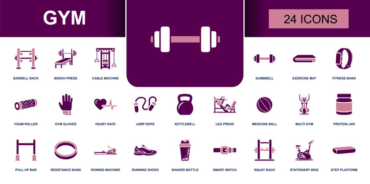 Gym icon set. Containing dumbbell, barbell rack, bench press, cable machine, kettlebell, jump rope, foam roller, workout mat, heart rate, bike, shoes and more. Solid fill vector icons collection.