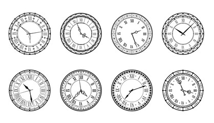 Vintage clock face with Roman numerals in ornate circular frames with decorative hands and detailed borders. Antique dials for wall clock designs, analog timepieces and classic decorative graphics