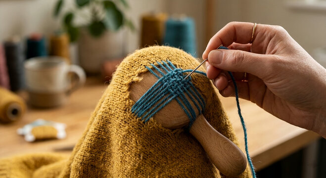 Woman hands darning a yellow knitted sweater using a wooden darning mushroom and blue yarn, creative mending