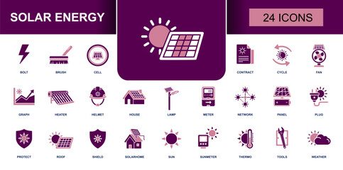 Solar energy icon set. Containing solar panel, PV cell, sun, meter, solar home, roof, solar heater, tools, plug, lamp, contract, weather and more. Solid fill vector icons collection. © Mellisa