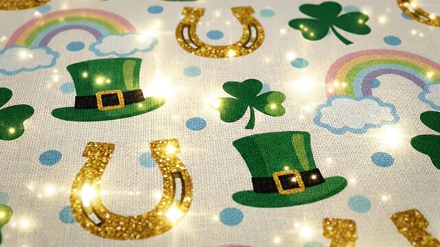 Vibrant St. Patrick's Day Fabric Pattern Showcasing Shamrocks, Leprechaun Hats, Horseshoes, Rainbows and Clouds