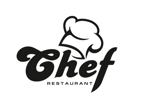 Chef cook restaurant, culinary and cooking icon. Bakery chef cook vector badge, restaurant cooking icon. Culinary and gastronomy menu symbol or emblem with chef toque and graphic black typography
