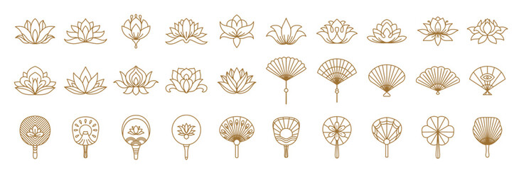 Fototapeta premium Japanese lotus blossom and fan icons with vector line oriental pattern of flowers, clouds, feathers and sun, eye and fuji mountain. Paper folding and rigid hand fans, blooming lotus outline gold icons