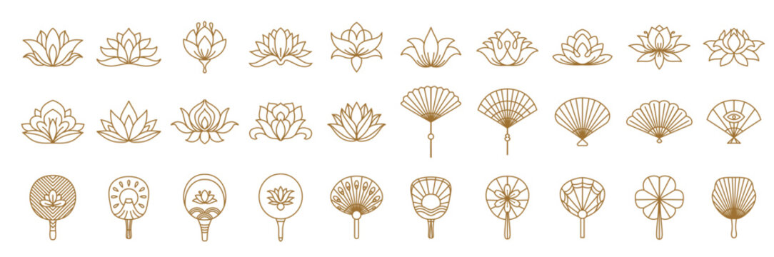 Japanese lotus blossom and fan icons with vector line oriental pattern of flowers, clouds, feathers and sun, eye and fuji mountain. Paper folding and rigid hand fans, blooming lotus outline gold icons