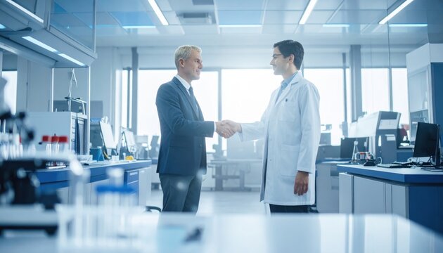 Business professional in suit shaking hands with medical researcher in lab coat at modern laboratory