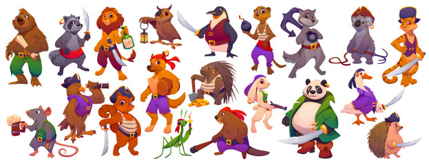 Cartoon animal and bird pirate characters, sailor and captain corsairs vector personages with treasure map, sea ship anchor. Cute panda bear, lion, cat and dog animal pirate crew characters set © Vector Tradition