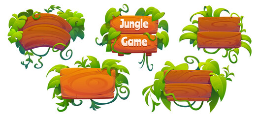 Jungle forest adventure signs and wooden signboards decorated with tropical leaves, vector signage boards. Jungle forest signs in vines, thick leaves and curling stems of creeping plants on signboards © Vector Tradition