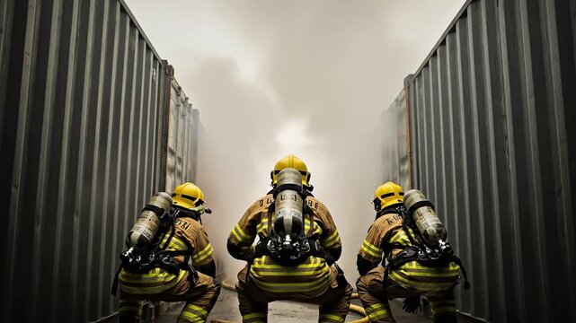 Three Male Firefighters in Full Gear During Industrial Training Exercise with Smoke