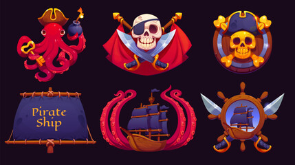 Cartoon pirate heraldry icons of vector skull with captain hat and eye patch, ships black sails and wheel. Pirate corsair heraldic badges of crossed swords, barrel, Caribbean Sea octopus monster, bomb © Vector Tradition