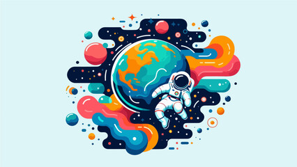 Vibrant flat illustration of an astronaut floating in colorful outer space with Earth and planets in a modern abstract style.