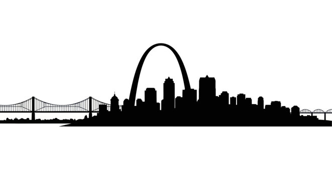 St. Louis skyline silhouette with Gateway Arch and bridges, white background