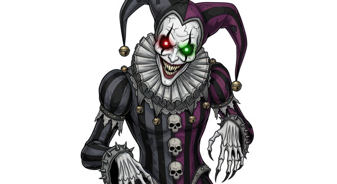 Creepy Jester with Glowing Eyes and Skull Decorations